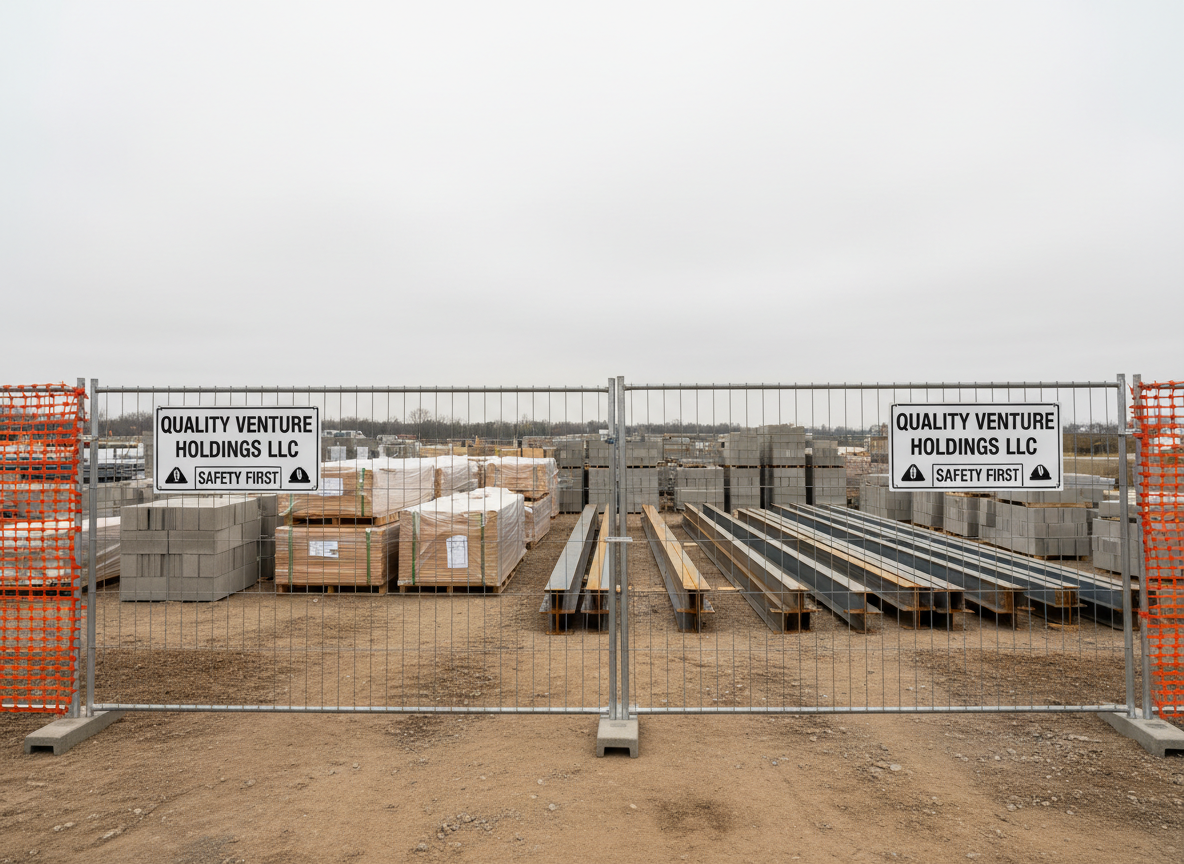A well-organized construction site entrance featuring a sturdy, galvanized steel temporary fence with clean, bright orange and white safety signage displaying the company name “Quality Venture Holdings LLC” in bold, professional lettering. Behind the fence, stacks of neatly wrapped lumber, pallets of concrete blocks, and orderly rows of steel beams line a leveled dirt surface. Overcast daylight creates soft, diffused lighting that reduces harsh shadows and highlights the clarity of the signage and materials. Photographic realism at eye level, using a balanced, centered composition, conveys a sense of order, safety, and professionalism, presenting the general construction business as organized, reliable, and thoroughly prepared.