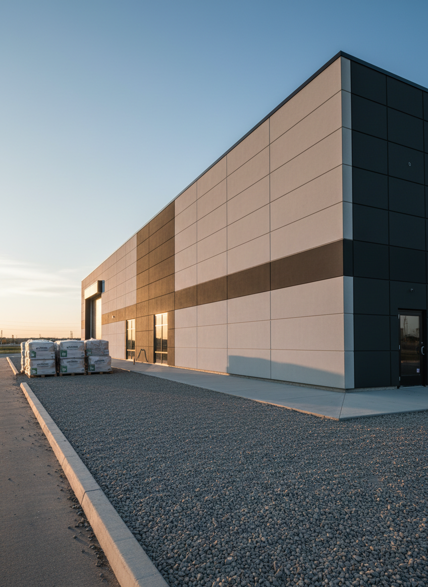 A freshly completed commercial building façade with crisp lines, featuring a mix of light gray precast concrete panels and dark charcoal metal cladding, every edge perfectly aligned and surfaces immaculate. The structure stands on a clean, compacted gravel lot with precisely marked concrete curbs and neatly stacked pallets of unused materials off to one side. Late afternoon sunlight casts long, defined shadows that emphasize the geometric shapes of the architecture. Captured at eye level in photographic realism with a wide-angle lens, the composition uses the rule of thirds to showcase both the building and its immediate surroundings, conveying a professional, reliable, and modern construction company image with a calm, confident atmosphere.