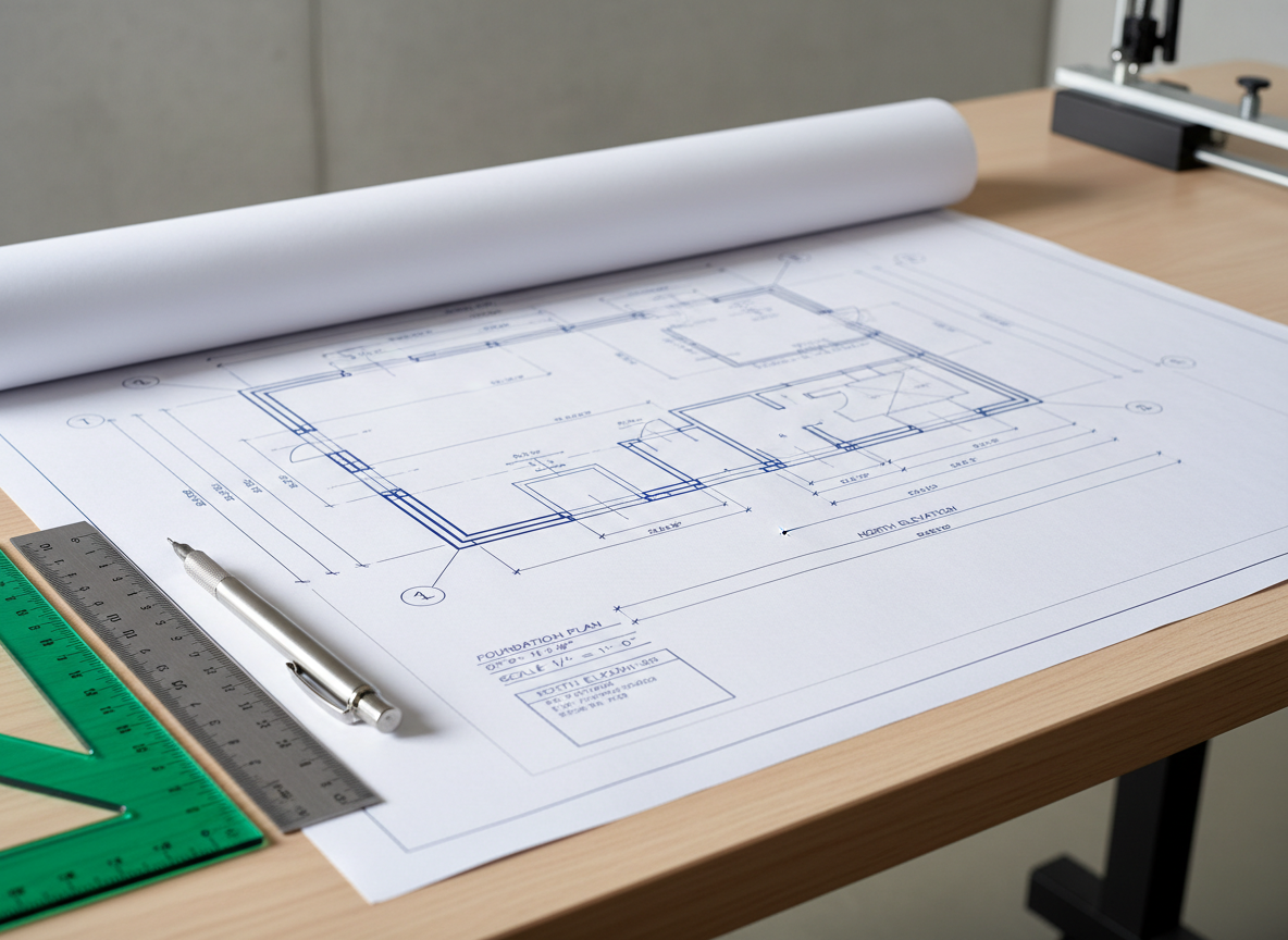 A close-up, photographic view of a pristine construction blueprint spread across a smooth, light oak drafting table, the deep blue lines and precise measurements crisply rendered on heavy, bright white paper. A sleek stainless steel ruler, mechanical pencil, and a square set rest neatly along the blueprint’s edge, all arranged with meticulous order. Soft overhead studio lighting provides even illumination without glare, creating subtle shadows that add depth to the tools and paper texture. Shot from a slightly elevated angle with a shallow depth of field, the composition keeps the blueprint details sharply in focus while gently blurring the background, evoking a professional, detail-oriented general construction business with a clean and modern aesthetic.