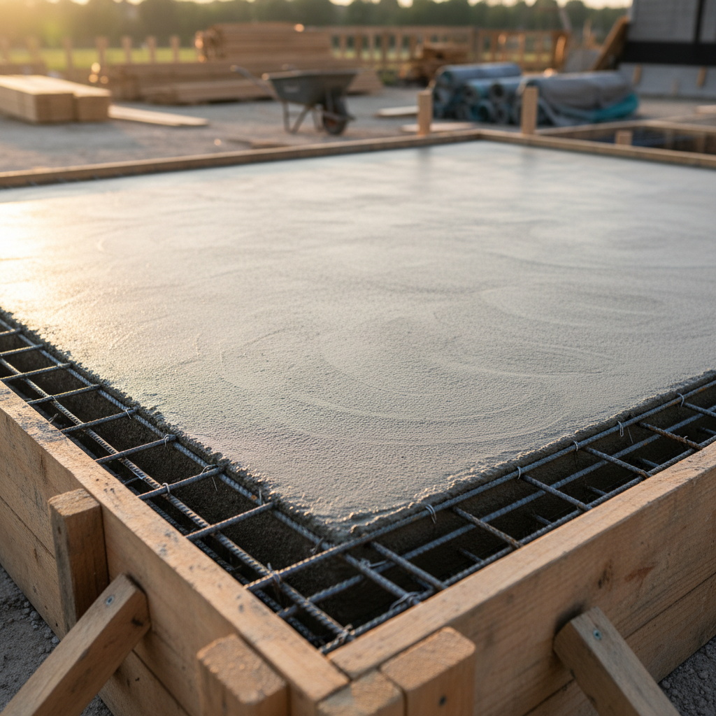 A detailed, photographic close-up of a newly poured, perfectly troweled concrete slab, its smooth, light gray surface showing subtle swirls and fine textures from the finishing process. Along the slab’s edge, crisp wooden formwork and precisely aligned steel rebar reveal the high-quality construction underneath. Soft, warm evening sunlight grazes the concrete at a low angle, accentuating the texture and creating gentle, elongated shadows along the forms. Shot from a low, side perspective with a shallow depth of field, the composition emphasizes craftsmanship and precision, while the blurred background of a tidy construction site reinforces a professional, dependable general contractor aesthetic.