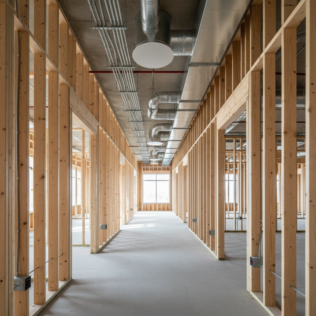 An immaculate interior framing scene within a mid-construction commercial space, featuring straight, evenly spaced light-colored lumber studs forming clean corridors and room outlines. Electrical conduit runs neatly along designated paths, and HVAC ductwork is carefully suspended above, all aligned with precision. Natural daylight filters through large, unfinished window openings, supplemented by subtle overhead work lights, creating an even, bright environment with soft shadows between the studs. Captured at eye level with a wide-angle lens in photographic realism, the composition uses leading lines of the framing to draw the eye through the space, conveying a mood of progress, organization, and professional execution in general construction.