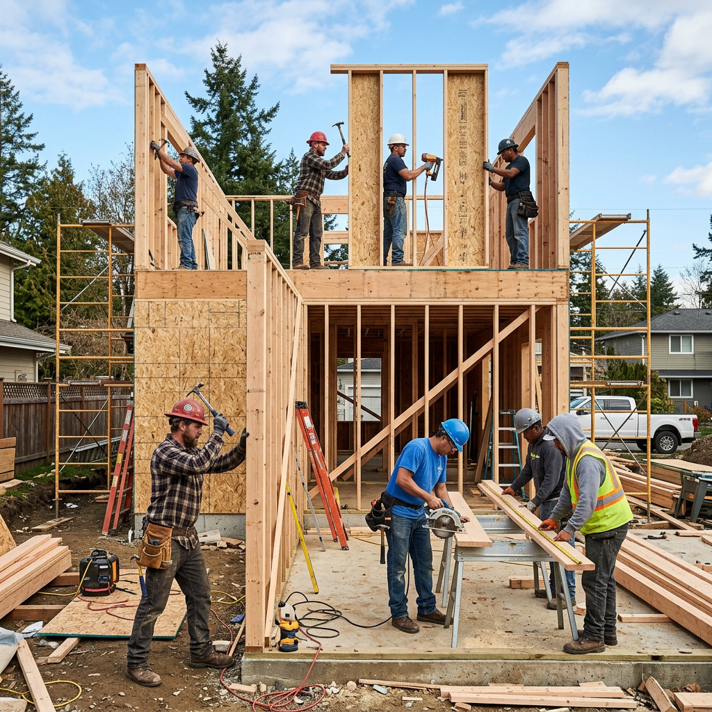 Construction workers framing wooden structure of house with tools