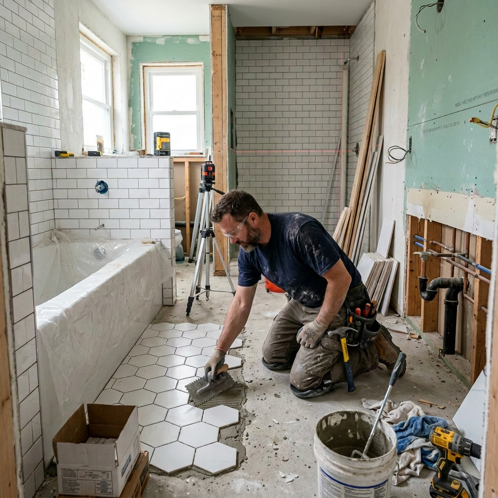 Worker kneeling installs hexagonal tiles on bathroom floor with tiled walls