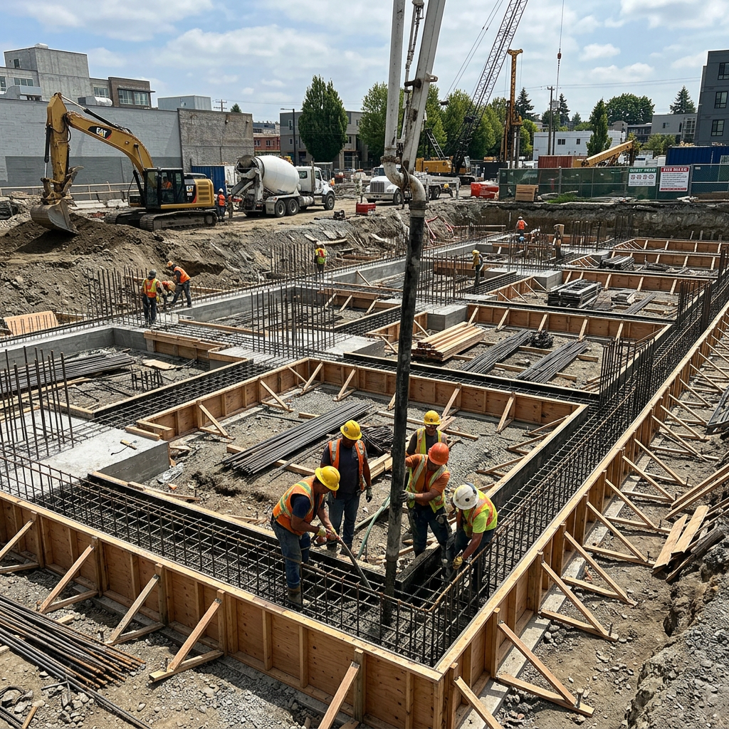 Construction workers pouring concrete into wooden forms at a building foundation site