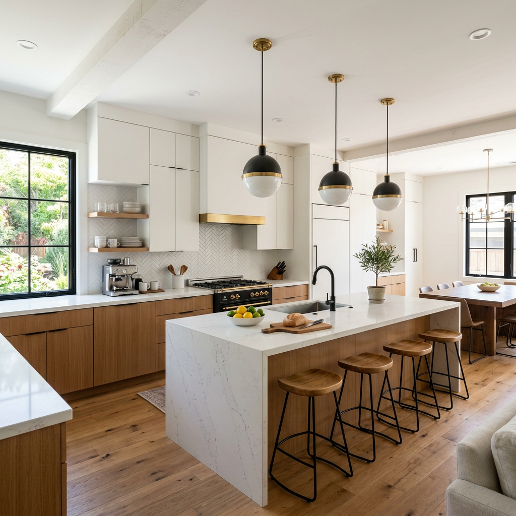 Bright modern kitchen with marble island, wooden cabinets, and hanging pendant lights