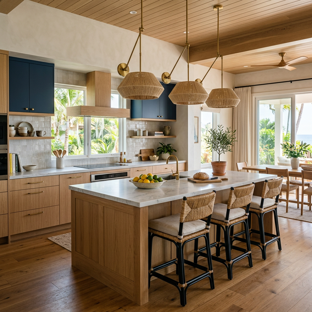 Spacious kitchen with wooden cabinets, white countertops, four wicker bar stools at island, large windows showing palm trees outdoors