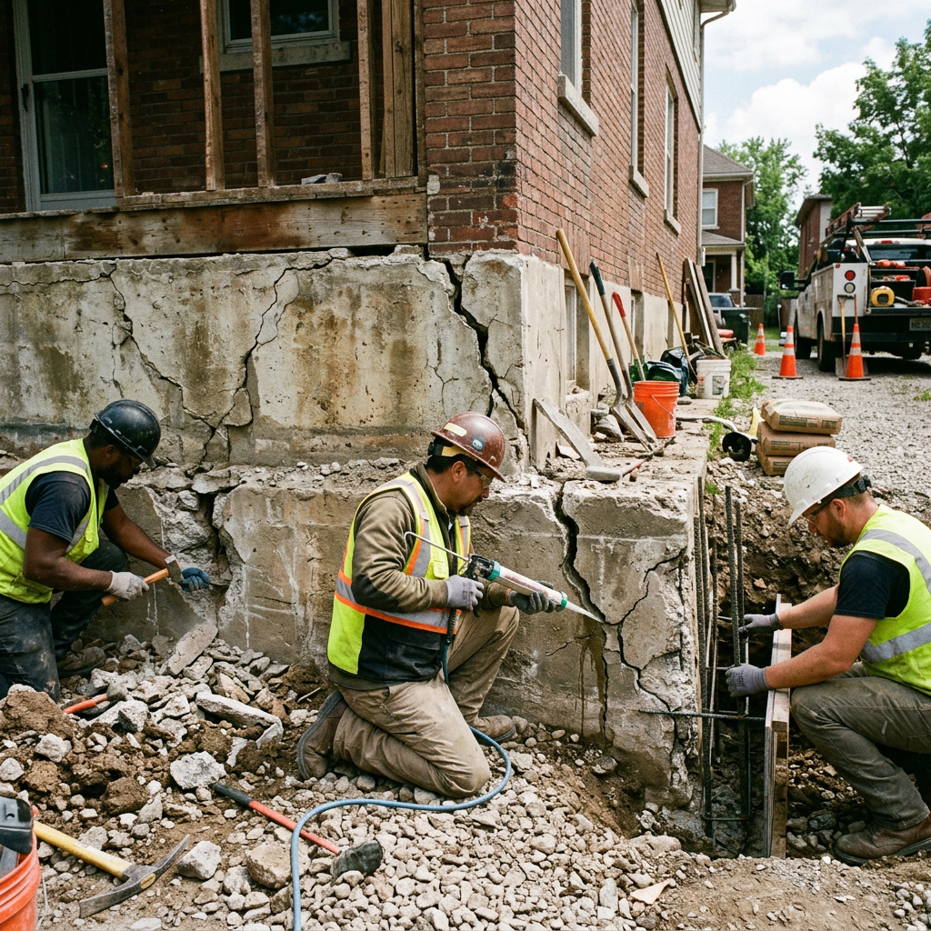 workers repairing cracked building foundation