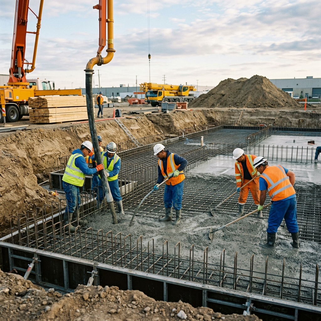 Workers filling building foundation with concrete