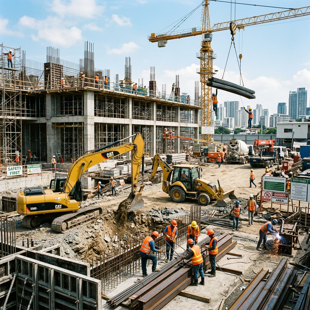 Construction site with workers lifting steel beams and operating excavators