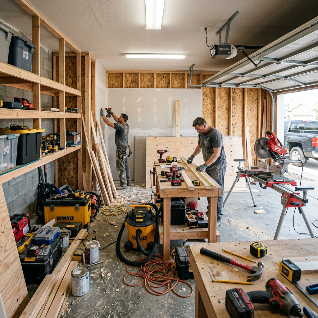 Two men working on carpentry projects in a garage filled with tools and wood