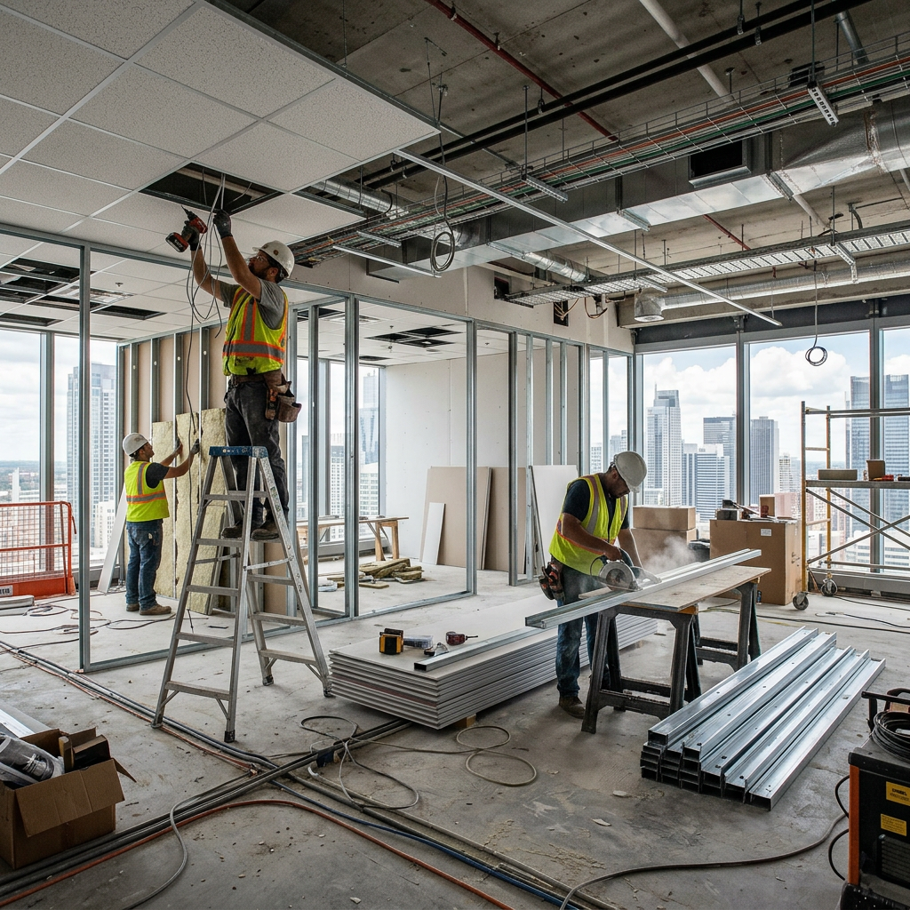 Workers installing wiring and cutting materials inside an office under construction with city skyline windows