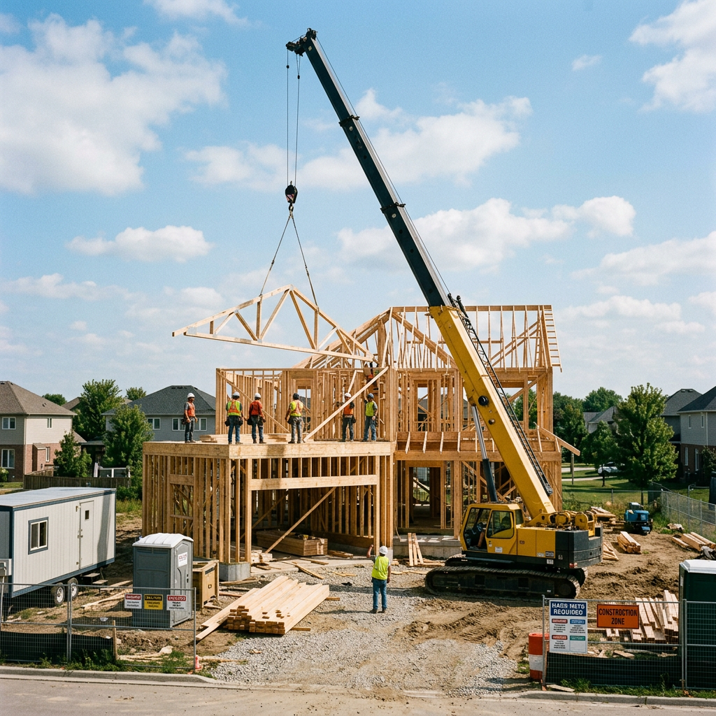 Wooden house frame construction with workers and a crane lifting roof trusses