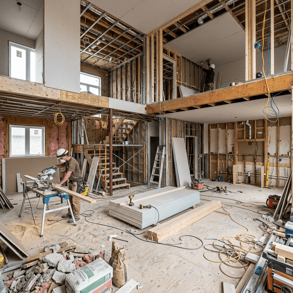 Two construction workers working on drywall installation inside a partially framed house