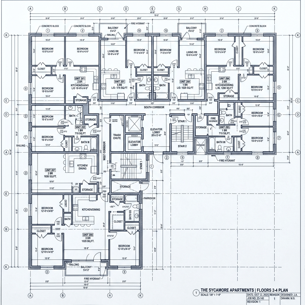 Architectural floor plan of Sycamore Apartments floors 2 to 4 with labeled units, rooms, and dimensions