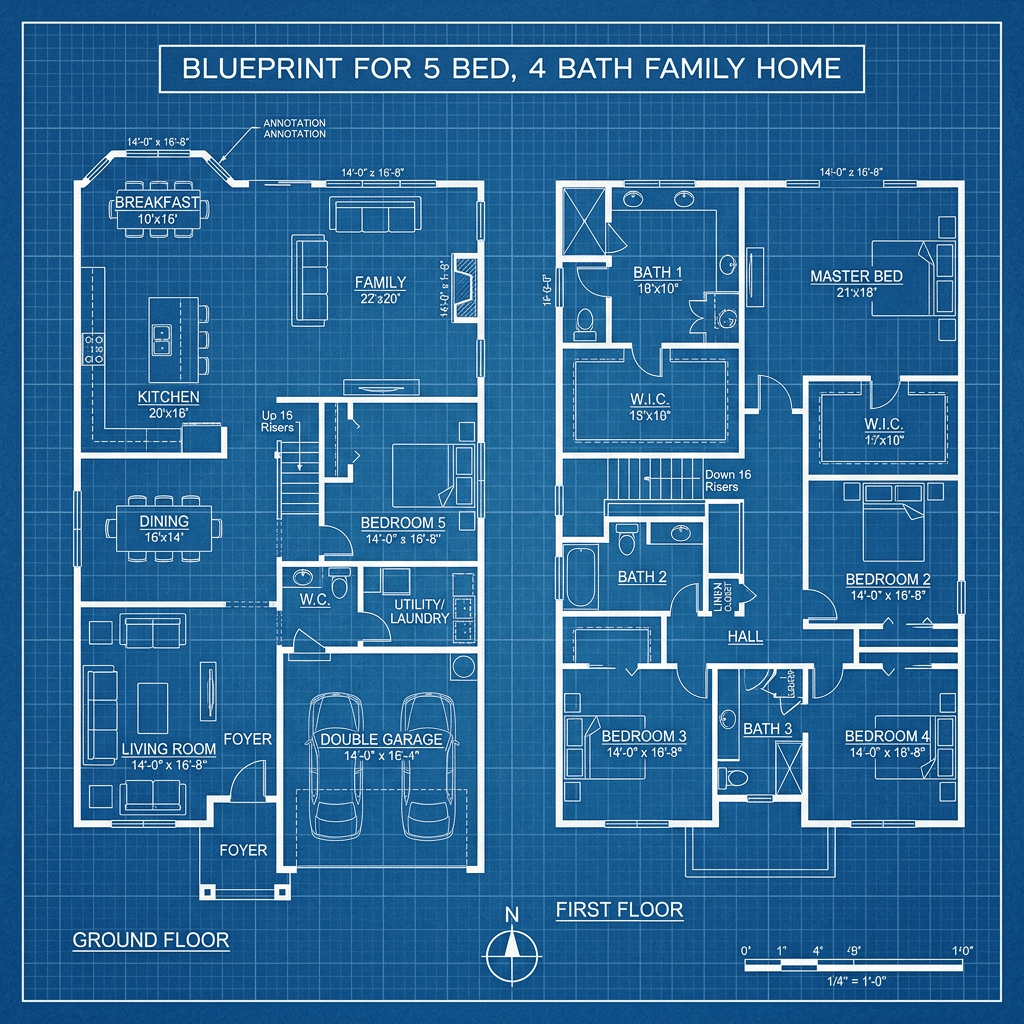 Blueprint floor plan of a two-story 5-bedroom, 4-bathroom family home with labeled rooms and dimensions