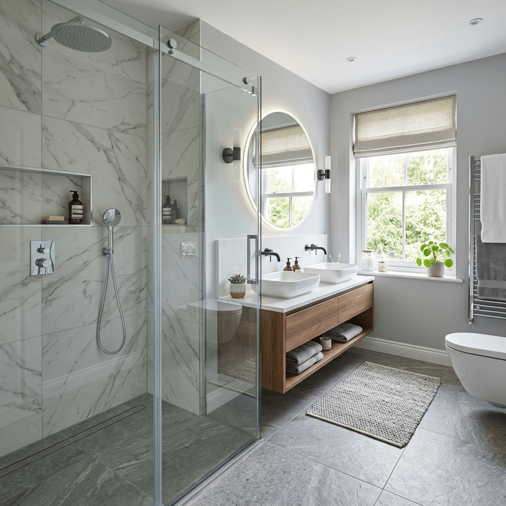 Bathroom with glass walk-in shower, dual vessel sinks, wooden vanity, and window with shade