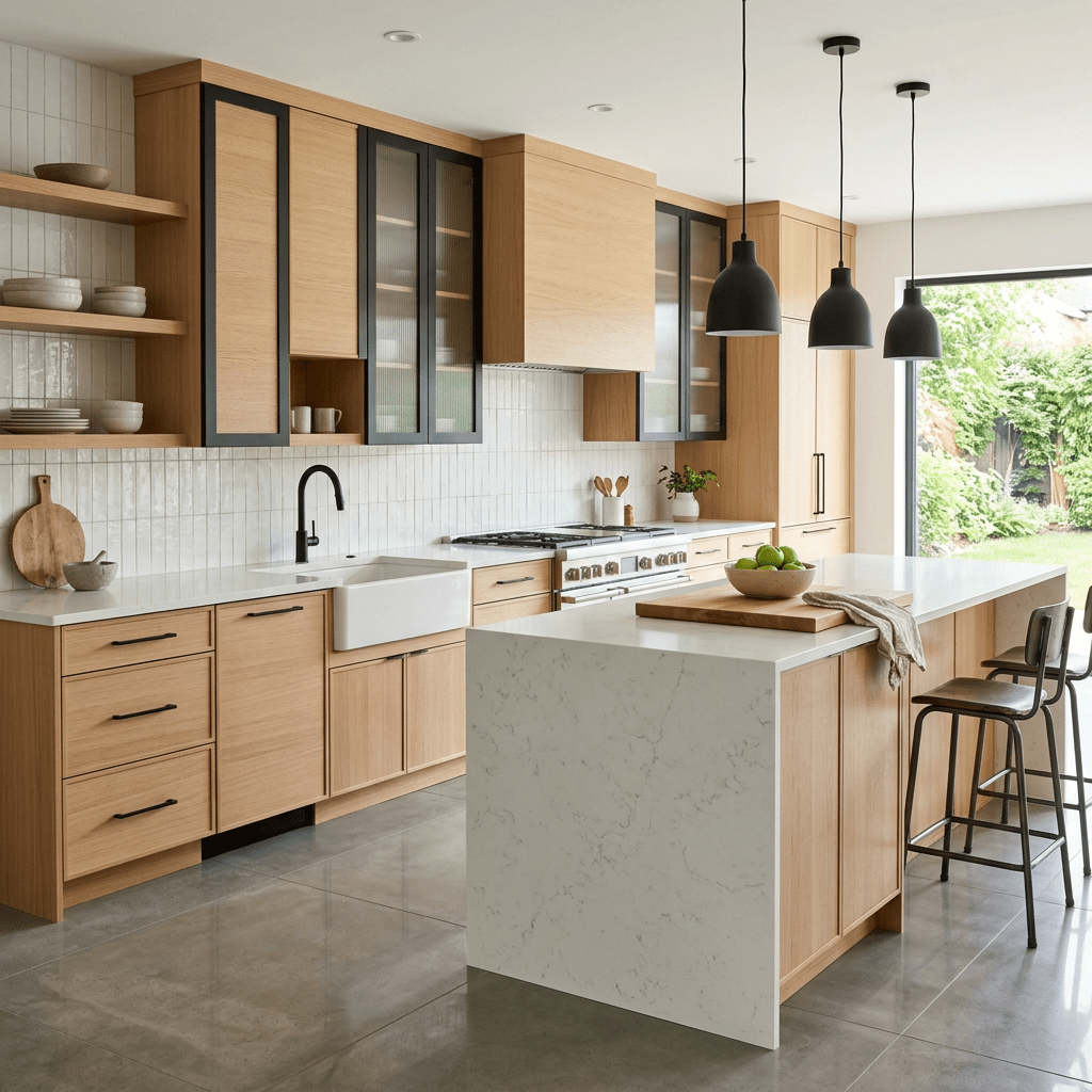 Modern kitchen with light wood cabinets, marble island, black pendant lights