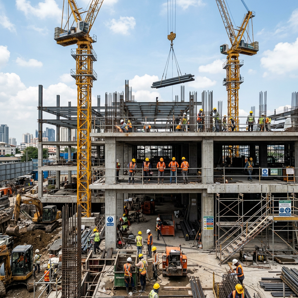 Construction workers with yellow helmets and orange vests at multi-story building site with cranes