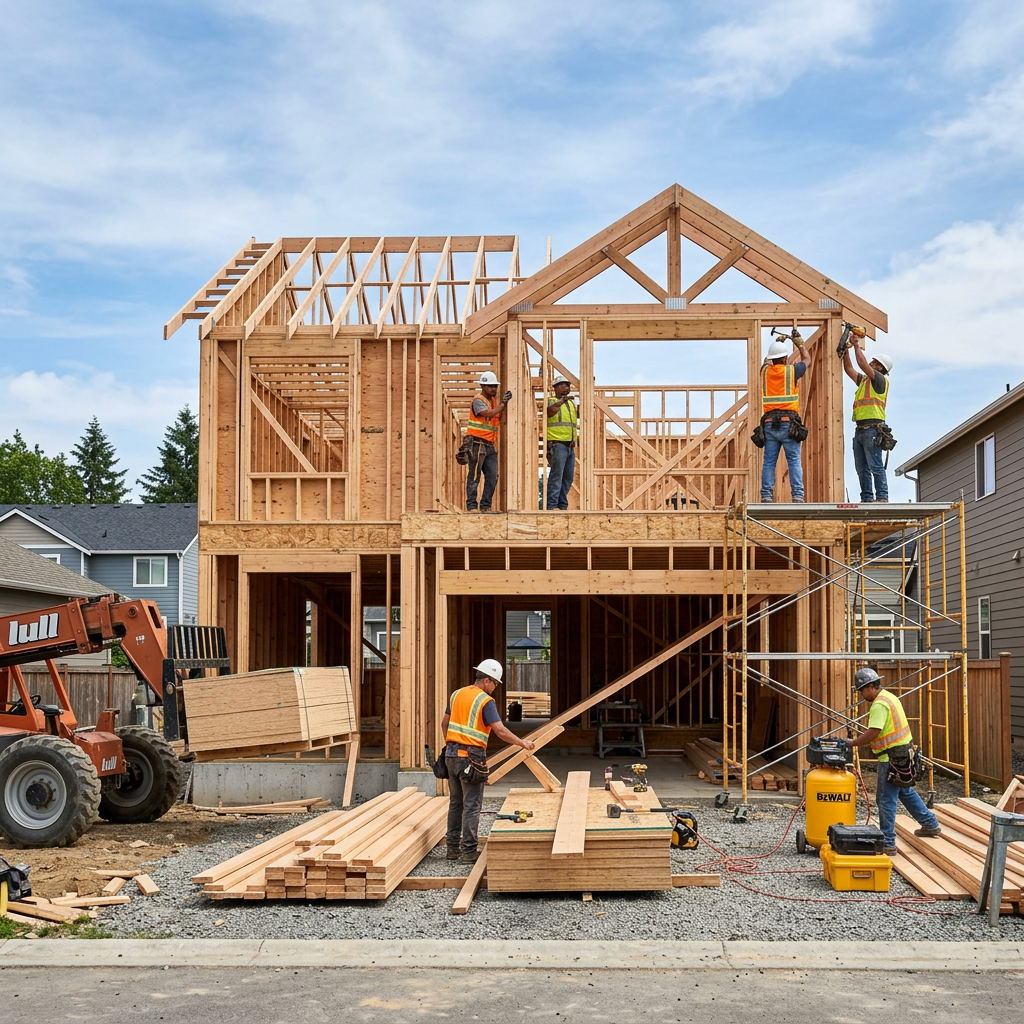Construction workers assembling wooden frame structure of a two-story house