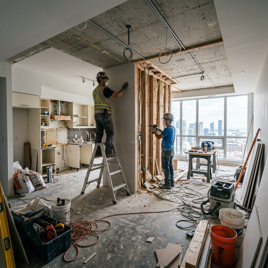 Two construction workers installing drywall on an interior wall during apartment renovation with city skyline visible through large windows