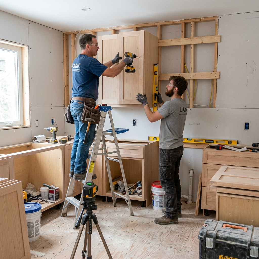 Two workers installing wooden kitchen cabinets in an unfinished room