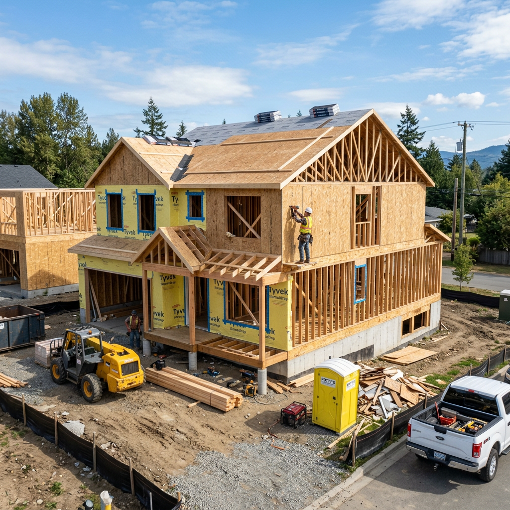 Two workers building a wooden frame of a house under construction with construction materials and vehicles around