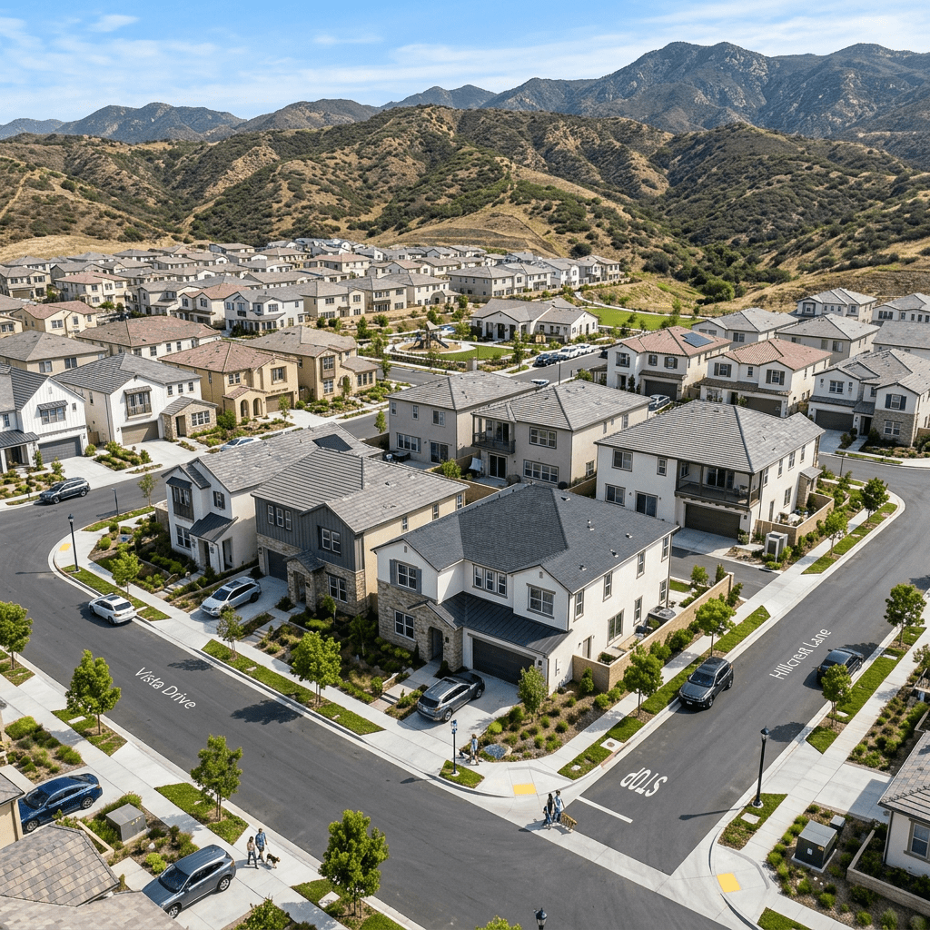 Suburban houses on Vista Drive and Hillcreek Lane with mountain hills in background